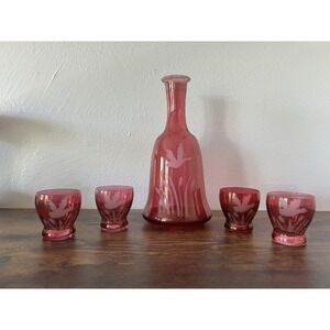 5-PC Vintage Bohemia Cranberry‎ Pink Carafe Decanter & 4 Shot Glasses